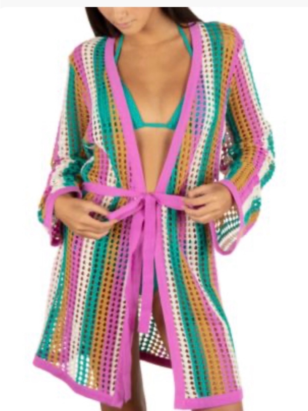 Elizabeth Hurley Multicolor Crochet Swim Coverup with Pink Trim